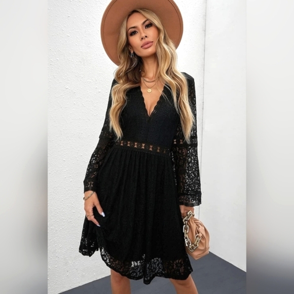 LAST ONE! Black Lace V Neck Mini Dress With Long Sleeves - Picture 3 of 4